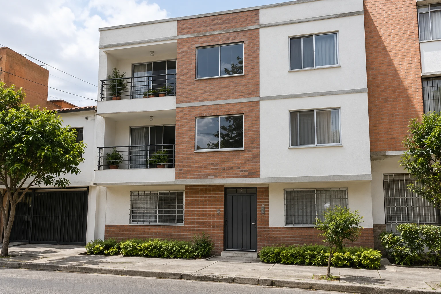 Edificio residencial sencillo de tres pisos · Imagen ilustrativa generada con IA