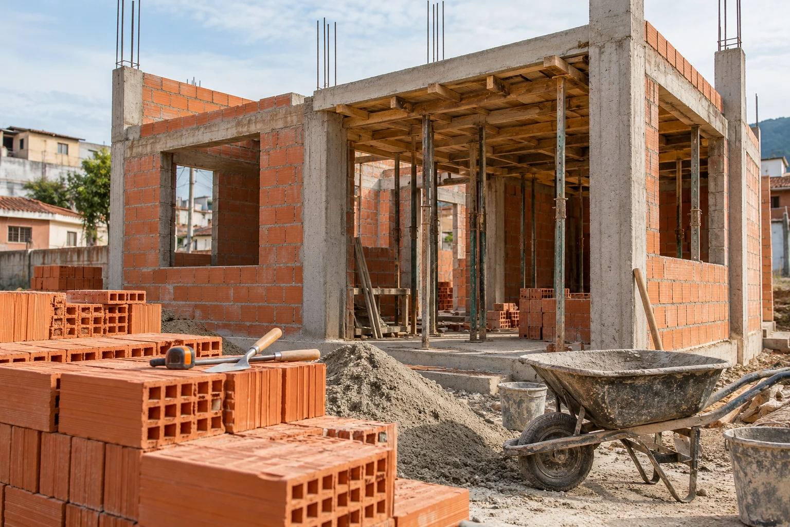 Obra residencial básica en construcción · Imagen ilustrativa generada con IA