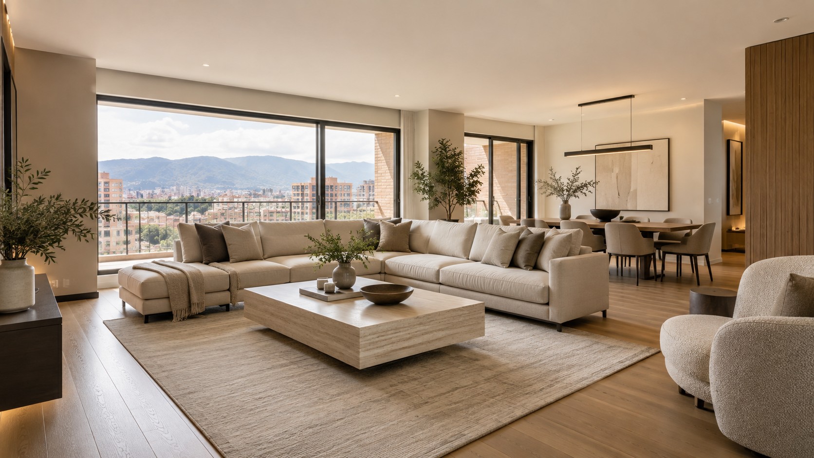 Sala de apartamento renovada con luz natural y materiales cálidos - imagen ilustrativa generada con IA
